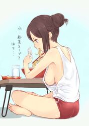  akagi_(kancolle) alternate_costume alternate_hairstyle barefoot blush breasts brown_eyes brown_hair chopsticks commentary_request cup demae_itcho eating feet female food hair_bun highres instant_ramen kantai_collection large_breasts noodles open_mouth pack_noodles ramen sideboob single_hair_bun sitting soles solo toes translated wa_(genryusui) 