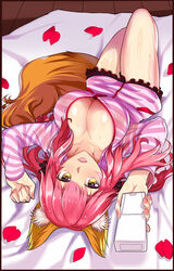  animal_ears bed breasts caster_(fate/extra) cleavage fate/extra fate/grand_order female female fox_ears fox_tail huge_breasts indoors lips long_hair looking_at_viewer lying miniskirt nail_polish on_back petals pink_hair see-through shiny_skin shirt skirt solo sound_tamashi tail thighs wet_clothes 