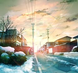  barber_pole bare_tree building cityscape cloud commentary_request house no_humans original outdoors power_lines reflection road scenery sky snow snowscape street sun tree vanishing_point window yatsude 