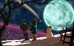  bad_id bad_pixiv_id bell christmas city_lights cityscape female fence from_behind full_moon goke_shike_(altamira05) horizon moon moonlight original rocket shooting_star sky snow snowman solo star_(sky) starry_sky tree wreath 