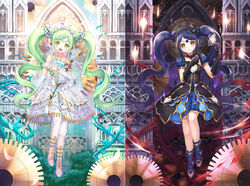  2girls :d bad_id bad_pixiv_id black_choker black_dress black_gloves black_hat blue_hair blue_legwear choker collarbone detached_sleeves dress elbow_gloves falala_a_larm floating_hair full_body garara_s_leep gloves green_hair hat headband heart highres long_hair looking_at_viewer lunacle mini_hat multiple_girls open_mouth pantyhose photoshop_(medium) plant pretty_series pripara short_sleeves smile thorns twintails very_long_hair vines white_choker white_dress white_legwear yellow_eyes 