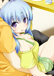  1boy :d aged_up bare_shoulders between_legs black_pants blue_hair blush bra_strap breasts cleavage collarbone commentary_request cup downblouse female green_shorts head_out_of_frame highres indoors kawasaki_keika long_hair medium_breasts off-shoulder_shirt off_shoulder open_mouth pants photoshop_(medium) purple_eyes shirt short_sleeves shorts sitting smile solo_focus straight sweat table tareme thighs yahari_ore_no_seishun_lovecome_wa_machigatteiru. yellow_shirt yuu_(oosakazaijyuu) 