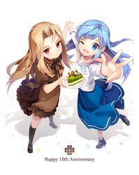  2girls anniversary black_legwear blue_eyes blue_hair brown_hair cake commentary_request fleta food gilse holding_hands interlocked_fingers kneehighs long_hair looking_at_viewer lorna mabinogi multiple_girls one_eye_closed open_mouth photoshop_(medium) red_eyes sailor_collar shadow skirt socks standing standing_on_one_leg v 