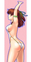  anice_farm armpits arms_up ass breasts brown_eyes brown_hair butt_crack chouon_senshi_borgman commentary_request female half_updo highres kouda_tomohiro looking_back ponytail short_hair slingshot_swimsuit solo swimsuit 