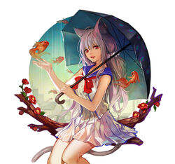  animal_ears bra branch cat_ears cat_tail commentary_request ddongu female fish flower goldfish highres lips original photoshop_(medium) polka_dot polka_dot_bra print_umbrella red_eyes school_uniform see-through serafuku shirt sitting skirt solo tail twintails umbrella underwear water_drop wet wet_clothes wet_shirt 