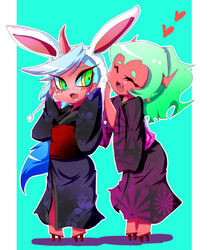  alternate_costume animal_ears blue_hair blush breasts bunny_ears closed_eyes demon_girl geta glasses green_eyes green_hair heart heart horns ingenmame japanese_clothes kimono kneesocks_(character) kneesocks_(psg) long_hair nabeshiki_(ingenmame) new_year oerba_yun_fang open_mouth panty_&amp;_stocking_with_garterbelt pointy_ears ponytail red_skin scanty scanty_(psg) siblings sisters sleeves_past_wrist sleeves_past_wrists small_breasts smile very_long_hair 