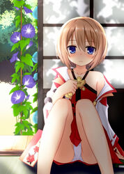  bare_shoulders blanc_(neptunia) blue_eyes blush brown_hair collarbone commentary_request female flower frown fuji_kakei kami_jigen_game_neptune_v looking_at_viewer neptune_(series) off_shoulder panties pantyshot plant short_hair sitting sliding_doors solo sweat underwear white_panties 