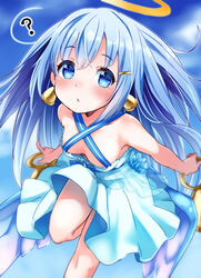  ? bell bell_earrings bellringer_angel blue_eyes blue_hair commentary_request criss-cross_halter downblouse dress earrings female halterneck hatomugi_(mugicha) jewelry long_hair looking_at_viewer shadowverse solo spoken_question_mark 