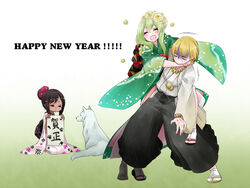  2boys blonde_hair bracelet brown_hair commentary_request crossdressing dark_skin enkidu_(fate) fate/stay_night fate/strange_fake fate_(series) female flower gilgamesh_(fate) green_hair hair_bun hair_flower hair_ornament hair_up hakama hakama_skirt happy_new_year japanese_clothes jewelry kalanchoe_xxxx long_hair multiple_boys necklace new_year otoko_no_ko sandals single_hair_bun skirt tabi tine_chelc wolf wolf_(fate) 