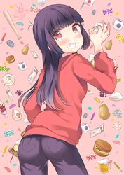  alcohol alternate_eye_color baseball_bat beer candy commentary_request egg female food fruit genderswap_(mtf) japanese_flag letter matsuno_osomatsu money oden osomatsu-kun osomatsu-san osomatsu_(series) parfait purple_hair red_eyes rule_63 senmen_kinuko solo 