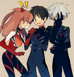  2boys bad_id bad_pixiv_id bodysuit brown_hair evangelion:_3.0_you_can_(not)_redo female grey_hair hair_ornament hand_on_own_face ikari_shinji interface_headset multiple_boys nagisa_kaworu neon_genesis_evangelion orange_hair pikaro plugsuit rebuild_of_evangelion souryuu_asuka_langley 