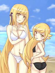  2girls :p ass back bad_id bad_pixiv_id beach bikini black_bikini blonde_hair blush bocchi_k breast_hold breasts butt_crack cleavage cloud day dual_persona fang_out flat_chest flipped_hair from_behind hair_ribbon hand_on_own_chest hand_on_own_hip kiss-shot_acerola-orion_heart-under-blade long_hair looking_at_viewer looking_back monogatari_(series) multiple_girls navel o-ring o-ring_bikini o-ring_top ocean oerba_yun_fang oshino_shinobu outdoors ribbon ribs side-tie_bikini_bottom signature sky standing string_bikini swept_bangs swimsuit taut_bikini taut_clothes time_paradox tongue tongue_out very_long_hair water white_bikini yellow_eyes 