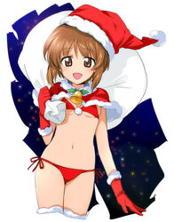  bad_id bad_pixiv_id bag bell bikini blush boots brown_eyes brown_hair capelet carrying carrying_over_shoulder christmas collar cowboy_shot daitabashi_kinu female girls_und_panzer gloves hat looking_at_viewer neck_bell nishizumi_miho open_mouth oversized_object red_bikini santa_bikini santa_hat short_hair side-tie_bikini_bottom smile solo swimsuit thigh_boots thighhighs 