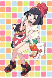  animal_ears bag black_hair blue_eyes blush burger cat_ears chicken_nuggets commentary_request cup disposable_cup eating fast_food female food french_fries hat litten mcdonald&#039;s mitsuya_bonjin napkin pokemon pokemon_(creature) pokemon_sm selene_(pokemon) shirt short_hair shorts sweatdrop tail tied_shirt tongue tongue_out 