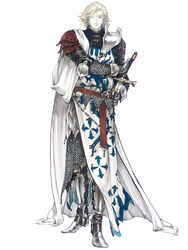  1boy alternate_costume armor blonde_hair blue_eyes boots castlevania:_lament_of_innocence castlevania_(series) chainmail highres kojima_ayami leon_belmont male_focus official_art oil_painting_(medium) painting_(medium) photoshop_(medium) sheath sheathed solo surcoat sword traditional_media weapon 