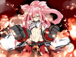  bell belt blazblue bleeding blood_on_face expressionless female fighting_stance gauntlets injury kokonoe long_hair looking_at_viewer midriff morikawa_(futomayu) navel petite pink_hair ponytail red_pants slit_pupils solo torn_clothes yellow_eyes 