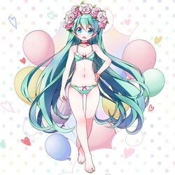  aqua_eyes aqua_hair balloon barefoot bra commentary_request female full_body fuusen_neko hair_down hand_on_own_hip hatsune_miku head_wreath long_hair looking_at_viewer multicolored_polka_dots navel open_mouth panties photoshop_(medium) polka_dot polka_dot_background solo thigh_gap underwear underwear_only very_long_hair vocaloid 