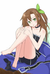  bare_shoulders barefoot belt blush bow boyshorts brown_hair choker choujigen_game_neptune coat compile_heart feet female female fuji_kakei green_eyes hair_ornament hairbow idea_factory if_(choujigen_game_neptune) legs long_hair looking_at_viewer neptune_(series) open_mouth ponytail side_ponytail sitting solo 