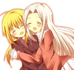  2girls ^_^ ahoge akafuku_pukoemon artoria_pendragon_(fate) bad_id bad_pixiv_id blonde_hair blush closed_eyes fate/zero fate_(series) formal highres hug irisviel_von_einzbern long_hair long_sleeves multiple_girls necktie ponytail saber_(fate) skirt smile suit white_hair 