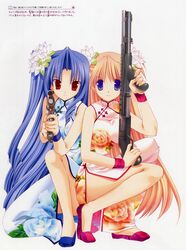  2girls absurdres blue_hair china_dress chinese_clothes dress flower foregrip goshuushou-sama_ninomiya-kun gun hair_flower hair_ornament highres houjou_reika legs long_hair multiple_girls orange_hair purple_eyes red_eyes shotgun side_slit takanae_kyourin tsukimura_mayu very_long_hair weapon 