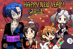  4girls bloody_marie_(skullgirls) commentary_request japanese_clothes kimono multiple_girls new_year nyoro_mutou painwheel_(skullgirls) peacock_(skullgirls) skullgirls valentine_(skullgirls) 