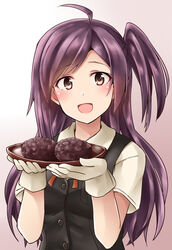  ahoge blouse blush brown_eyes commentary_request female food gloves hagikaze_(kancolle) highres kamelie kantai_collection long_hair looking_at_viewer neck_ribbon ohagi_(food) one_side_up open_mouth pun purple_hair red_ribbon ribbon school_uniform shirt short_sleeves smile solo upper_body vest white_gloves 