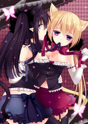  2girls agekichi_(heart_shape) animal_ears aqua_eyes bad_id bad_pixiv_id black_hair blonde_hair cat_ears cat_tail commentary_request elbow_gloves elf extra_ears gloves kuu_(agekichi) long_hair multiple_girls navel original pointy_ears purple_eyes tail thighhighs yuriko_(agekichi) 