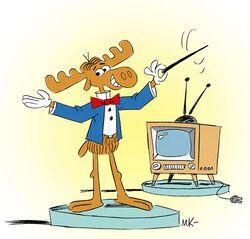  2012 2_toes 4_fingers anthro antlers biped black_eyes black_tie_(suit) blue_clothing blue_topwear bottomless bow_(feature) bow_tie brown_body brown_fur brown_horn brown_tail bullwinkle_j._moose button_(fastener) clothed clothing conducting_baton deer digital_media_(artwork) digital_painting_(artwork) electronics feet fingers fur gloves gradient_background handwear holding_object horn humanoid_hands jay_ward_productions looking_away male mammal mike_kazaleh mixed_media moose motion_lines music_conductor new_world_deer red_bow rocky_and_bullwinkle shadow short_tail simple_background smile snout solo spread_arms stage standing suit tail teeth television toes toony topwear traditional_media_(artwork) white_background white_clothing white_topwear yellow_background 