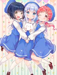  3girls :d ;) bad_id bad_pixiv_id beret black_hair blue_eyes blue_hair blue_hat chimame-tai commentary girl_sandwich gochuumon_wa_usagi_desu_ka? hair_ornament hairclip hat jouga_maya kafuu_chino kafuu_chino&#039;s_school_uniform kneehighs loafers long_hair looking_at_viewer multiple_girls natsu_megumi oerba_yun_fang one_eye_closed open_mouth red_eyes red_hair sandwiched school_uniform senmen_kinuko shoes short_hair single_stripe smile socks symbol-only_commentary tippy_(gochiusa) triangle_mouth white_legwear x_hair_ornament yellow_eyes 