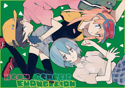  1boy 2girls alternate_costume ayanami_rei bad_id bad_pixiv_id baseball_cap black_thighhighs blue_hair brown_hair fingerless_gloves gloves hat ikari_shinji multiple_girls neon_genesis_evangelion orange_hair pikaro skirt souryuu_asuka_langley thighhighs visor_cap 