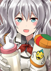  :d blue_eyes bottle cameo commentary crossover curly_hair epaulettes female gloves grey_hair highres holding kamelie kantai_collection kashima_(kancolle) looking_at_viewer milk_bottle okaasan_to_issho open_mouth pacifier smile solo spoo twintails white_gloves 