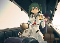  2girls bad_id bad_pixiv_id blue_hair bodysuit cockpit drink green_eyes green_hair helmet honjou_mikaze jpy kikuhara_karin multiple_girls pilot_suit spacesuit stratos_4 twintails white_bodysuit 