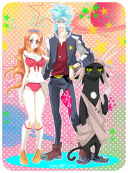  1boy alexa_pasztor arrancar bleach blue_eyes blue_hair boobies_uniform cosplay dandy_(space_dandy) dandy_(space_dandy)_(cosplay) female grimmjow_jaegerjaquez hairband honey_(space_dandy) honey_(space_dandy)_(cosplay) inoue_orihime long_hair looking_at_viewer midriff navel orange_hair parody seiyuu_connection space_dandy standing suwabe_jun&#039;ichi very_long_hair 