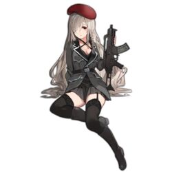  assault_rifle banned_artist belt beret black_bra black_footwear black_jacket black_legwear black_skirt boots bra braid breasts cleavage criss-cross_halter g36c g36c_(girls_frontline) garter_straps girls_frontline grey_hair gun hair_over_one_eye halter_top halterneck hat holding holding_gun holding_weapon jacket knee_boots lace lace-trimmed_thighhighs long_hair long_sleeves looking_at_viewer medium_breasts military military_uniform paseri pocket red_eyes rifle sitting skirt solo thighhighs transparent_background underwear uniform very_long_hair weapon yokozuwari zettai_ryouiki 