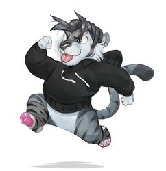  bottomless chibi clothed clothing felid footwear hoodie justin_(ieaden) legwear male mammal pantherine paws socks solo tiger tongue topwear treats 