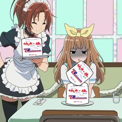  2girls alternate_costume apron black_hair bow brown_hair choker closed_eyes closed_mouth commentary_request empty_eyes enmaided frilled_choker frills glass hairbow hakata_no_shio hibike!_euphonium highres long_hair maid maid_apron maid_headdress multiple_girls nakagawa_natsuki parody ponytail school_uniform short_sleeves sitting smile spoon table takahiro_(rikky) thighhighs turn_pale yoshikawa_yuuko zettai_ryouiki 