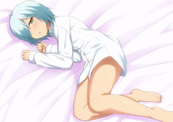  bad_id bad_pixiv_id barefoot bed_sheet blue_eyes blue_hair blush daimyouzamurai_mei dress_shirt female hair_over_one_eye kanojo_ga_flag_wo_oraretara lying on_side photoshop_(medium) shirt shiwasuzuki short_hair solo 