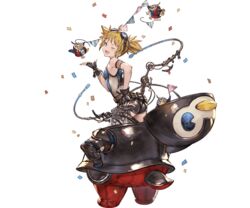  ;d ahoge animal_costume ass belt black_gloves blonde_hair blue_eyes confetti female fingerless_gloves flat_ass flat_chest full_body garland_(decoration) gloves goggles goggles_on_head granblue_fantasy leotard minaba_hideo official_art one_eye_closed open_mouth penguin_costume pengy_(granblue_fantasy) robot short_hair short_shorts short_twintails shorts smile solo transparent_background twintails 