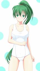  co-de commentary_request female fire_emblem fire_emblem:_the_blazing_blade green_eyes green_hair highres long_hair lyn_(fire_emblem) one-piece_swimsuit ponytail school_swimsuit solo swimsuit white_one-piece_swimsuit 