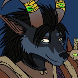  1:1 2015 ambiguous_gender anthro armor black_body black_fur black_hair blizzard_entertainment blue_background blue_body blue_fur bone canid conditional_dnp derp_eyes digital_media_(artwork) feathers female fur green_eyes hair horn mammal multicolored_body multicolored_fur paralee_(character) ratte simple_background skull smile solo two_tone_body two_tone_fur warcraft were werecanid worgen 