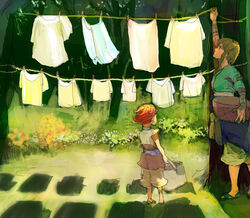  1boy arm_up arm_wrap ayana_(tannsann) bare_arms basket beth blonde_hair brown_hair carrying carrying_under_arm clothes clothes_pin clothesline commentary_request day earrings facing_away female forest holding jewelry laundry laundry_basket link lolicon looking_up md5_mismatch nature pointy_ears profile red_hair sandals sash shadow short_hair shorts sidelocks standing the_legend_of_zelda the_legend_of_zelda:_twilight_princess 