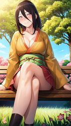  1girls 2024 adult adult_female aged_up ai_generated arm_support arms_at_sides artist_name bare_chest bare_legs bare_shoulders bare_thighs belt bench big_breasts bijin_hahaoya blush boots boruto:_naruto_next_generations breasts brown_hair busty cleavage clothed_female clothing crossed_legs curvaceous day daytime female female_only flowers front_view fully_clothed grass huge_breasts hyuuga_hanabi kimono legs_crossed legs_together light-skinned_female light_skin long_hair looking_at_viewer low-tied_long_hair low_ponytail miniskirt nai_diffusion naruto naruto_(series) nature no_bra no_bra_under_clothes nose_blush obi on_bench open_clothes open_kimono oppai outdoors pink_lips pinup pupilless_eyes revealing_clothes ribbon sash sitting sitting_on_bench skimpy skimpy_clothes skindentation skirt smooth_skin solo solo_focus stable_diffusion standing text thick_thighs thighs tree trees upper_body very_long_hair violet_eyes voluptuous wide_hips wide_sleeves yukata 