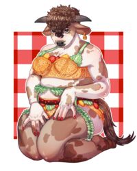  bovid_humanoid bovine bovine_humanoid burger burger_bikini burger_lingerie cow_ears cow_horns furry lingerie meme meme_clothing overweight overweight_female pinup simple_background spotted_fur white_fur 