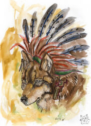  abstract_background ambiguous_gender aztec black_nose brown_body brown_fur canid canine cheek_tuft facial_tuft feral fur kola_(artist) mammal mouth_closed solo tan_body tan_fur tuft yellow_eyes 