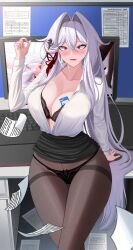  absurdres aircell alternate_breast_size alternate_costume annotated black_bra black_horns black_panties black_pantyhose black_skirt blush bra bra_peek breasts bright_pupils closed_mouth clothes_lift collarbone commentary cowboy_shot female hair_between_eyes hair_intakes hair_ribbon highres holding holding_paper honkai_(series) honkai_impact_3rd horns huge_breasts id_card indoors lifting_another&#039;s_clothes long_hair looking_at_viewer office_lady open_clothes open_shirt paid_reward_available panties pantyhose paper purple_eyes red_ribbon ribbon shirt side_horn single_horn skirt skirt_lift solo thelema_nutriscu underwear variant_set very_long_hair white_hair white_pupils white_shirt wide-eyed 