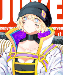  +_+ animification apex_legends artist_name blonde_hair blue_eyes breasts cleavage clothing_cutout collarbone electric_incognito_wattson female highres jacket lightning_bolt_symbol looking_up official_alternate_costume purple_hair revision short_hair solo symbol-shaped_pupils wattson_(apex_legends) white_jacket xiaoye_ju_er 