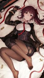  absurdres ammunition bag_(chrko_bag) black_gloves black_jacket black_pantyhose breasts bullpup collared_shirt commentary_request corset feet female full_body girls&#039;_frontline girls&#039;_frontline_2:_exilium gloves gun highres jacket knee_pads long_hair looking_at_viewer lying makiatto_(girls&#039;_frontline_2) necktie no_shoes on_back open_clothes open_jacket pantyhose parted_lips partially_fingerless_gloves purple_corset purple_hair red_eyes red_necktie rifle shirt side_ponytail single_knee_pad sniper_rifle solo wa2000_(girls&#039;_frontline) walther walther_wa_2000 weapon white_shirt 