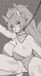  3gs animal_ear_fluff animal_ears arm_up asella_(elsword) bandana bandana_around_neck bare_shoulders between_breasts bone breasts cleavage collar commentary covered_navel cross_scar elsword female flat_color fox_ears fox_girl grey_background grey_theme greyscale hair_between_eyes highres large_breasts leash leotard long_hair looking_at_viewer mature_female monochrome parted_lips ponytail scar scar_on_arm scar_on_breasts scar_on_face scar_on_mouth sidelocks simple_background solo spiked_collar spikes spread_legs squatting strapless strapless_leotard thick_thighs thighs v-shaped_eyebrows 