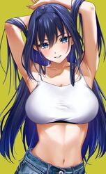  1girls absurdres armpits arms_behind_head arms_up bangs big_breasts blue_eyes blue_hair breasts cleavage collarbone crop_top denim female female_only green_background hair_between_eyes hair_intakes highres hololive hololive_english hololive_english_-council- hololive_english_-promise- human human_only humanoid jeans large_breasts long_hair looking_at_viewer navel ouro_kronii pants parted_lips simple_background smile solo solo_female sosuke_(yrmon) stomach twitter_username virtual_youtuber 