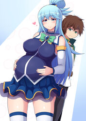  1boy 1girls aqua_(konosuba) belly_expansion blue_eyes blue_hair blush happy kono_subarashii_sekai_ni_shukufuku_wo! large_breasts long_hair long_sleeves looking_at_viewer ponpo ponpuramu ponytail pregnant sleeves_past_elbows smiling smiling_at_viewer thick_thighs thighhighs thighs uncensored white_legwear white_sleeves white_stockings 